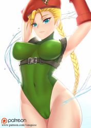 Rule 34 | 1990s (style), 1girl, armor, armpits, arms up, backlighting, bad id, bad pixiv id, beret, blonde hair, braid, breasts, breasts apart, cameltoe, cammy white, closed mouth, covered navel, cowboy shot, emblem, gradient background, groin, harness, hat, hexagon, highleg, highleg leotard, hip focus, impossible clothes, impossible leotard, legs together, leotard, logo, long hair, looking at viewer, navel, patreon, patreon username, perky breasts, red hat, retro artstyle, serious, skin tight, solo, standing, street fighter, street fighter ii (series), thighs, turtleneck, underbust, vambraces, vanquice, very long hair, watermark, web address, white background