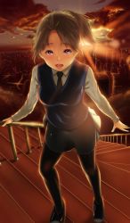 Rule 34 | 1girl, :d, backlighting, bad id, bad pixiv id, black pantyhose, blush, braid, brown hair, city, cityscape, cloud, cloudy sky, collared shirt, full body, goldowl, highres, long sleeves, looking at viewer, open mouth, original, outdoors, pantyhose, ponytail, purple eyes, railing, round teeth, shirt, short hair, sky, smile, solo, stairs, standing, sunset, sweater vest, tareme, teeth, white shirt