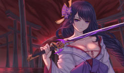 Rule 34 | 1girl, bare shoulders, black hair, braid, breasts, cleavage, closed mouth, collarbone, commentary request, flower, genshin impact, hair flower, hair ornament, highres, holding, holding sword, holding weapon, japanese clothes, kimono, kimono pull, large breasts, long hair, long sleeves, looking at viewer, mole, mole under eye, nairobi song, off shoulder, purple eyes, purple flower, purple kimono, raiden shogun, red background, serious, single braid, solo, sword, torii, v-shaped eyebrows, very long hair, weapon, wide sleeves