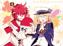 Rule 34 | 2boys, bad id, bad twitter id, bandages, bandage over one eye, blonde hair, coat, fukase, hat, unworn hat, head flag, unworn headwear, lowres, male focus, multiple boys, oliver (vocaloid), pale skin, red eyes, red hair, sailor collar, sailor hat, smile, top hat, uoshi (uoshi777), upper body, vocaloid
