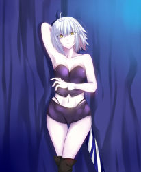 Rule 34 | 1girl, ahoge, arm behind head, armpits, blue background, boots, breasts, expressionless, fate/grand order, fate (series), grey hair, iro (sekaixiro), jeanne d&#039;arc alter (fate), knee boots, light frown, looking at viewer, medium breasts, midriff, navel, race queen, short hair, solo, thigh gap, wrist cuffs, yellow eyes