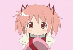 Rule 34 | 1girl, animated, animated gif, blush, gift, hair ribbon, heart, incoming gift, kaname madoka, lucky star, mahou shoujo madoka magica, parody, pink background, pink eyes, pink hair, ribbon, school uniform, short twintails, simple background, solo, twintails, upper body, valentine