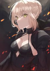 Rule 34 | 1girl, absurdres, artoria pendragon (all), artoria pendragon (fate), black dress, blonde hair, braid, breasts, cleavage, closed mouth, collarbone, commentary, dress, embers, fate/stay night, fate (series), french braid, hair ribbon, highres, juliet sleeves, kanniiepan, long sleeves, looking at viewer, medium breasts, puffy sleeves, ribbon, saber alter, short hair, solo, upper body, yellow eyes