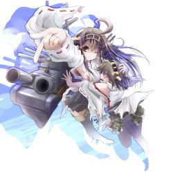 Rule 34 | &gt;;), 10s, 2girls, @ @, ahoge, bare shoulders, boots, brown hair, chicken99, detached sleeves, double bun, hair ornament, hairband, headgear, hiei (kancolle), highres, japanese clothes, kantai collection, kongou (kancolle), long hair, multiple girls, one eye closed, open mouth, personification, short hair, skirt, smile, thigh boots, thighhighs, v-shaped eyebrows