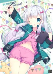 Rule 34 | 10s, 1girl, ;d, arm up, blouse, blush, bow, copyright name, drawing tablet, eromanga sensei, frills, hair bow, heart, heart-shaped pillow, holding, izumi sagiri, jacket, long hair, long sleeves, looking at viewer, low-tied long hair, mitha, navel, one eye closed, open clothes, open jacket, open mouth, pajamas, pennant, pillow, pink shirt, pink shorts, purple bow, shirt, shorts, smile, solo, star (symbol), star-shaped pillow, stylus