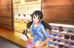 Rule 34 | 5girls, bag, barefoot, black hair, blue dress, blue footwear, blue jacket, blush, boots, breasts, brown eyes, brown footwear, cleavage, collarbone, dojo, dougi, dress, feet, foot out of frame, frilled dress, frills, game cg, handbag, high heel boots, high heels, holding, idolmaster, idolmaster cinderella girls, idolmaster cinderella girls starlight stage, indoors, jacket, jewelry, karate gi, legs, long sleeves, looking at viewer, medium hair, multiple girls, nakano yuka, necklace, official art, open clothes, open jacket, pink footwear, purple footwear, putting on shoes, short dress, sidelocks, small breasts, solo focus, standing, standing on one leg, striped clothes, striped dress, swept bangs, twintails, white dress, wooden floor, wooden wall, yellow footwear