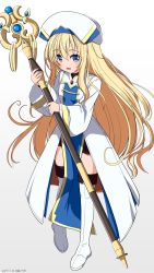 Rule 34 | 1girl, blonde hair, blue eyes, boots, commentary request, goblin slayer!, hair between eyes, hat, highres, holding, holding staff, long hair, long sleeves, looking at viewer, multicolored clothes, multicolored hat, open mouth, priestess (goblin slayer!), robe, simple background, solo, staff, thigh boots, thighhighs, white background, white footwear, white robe, yamaguchi yuu