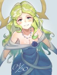 Rule 34 | 1girl, absurdres, blue dress, blue eyes, breasts, cleavage, diana cavendish, dress, green hair, highres, jewelry, little witch academia, long hair, looking at viewer, madabau, medium breasts, multicolored hair, necklace, pearl necklace, smile, solo