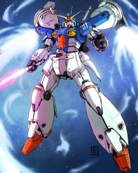 Rule 34 | absurdres, beam saber, commentary, flying, full body, green eyes, gundam, gundam 0083, gundam gp-01 full vernian zephyranthes, highres, holding, holding sword, holding weapon, looking at viewer, mecha, mobile suit, moyan, no humans, open hand, robot, science fiction, space, sword, v-fin, weapon
