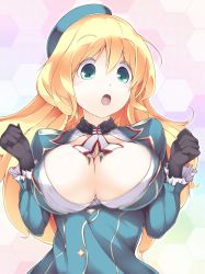 Rule 34 | 10s, 1girl, :o, atago (kancolle), blonde hair, blue hat, breasts, bursting breasts, gloves, green eyes, hat, hexagon, josephine (twin tail rabbit), kantai collection, large breasts, long hair, solo, upper body