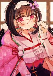 Rule 34 | 1girl, black hair, fate/grand order, fate (series), fingernails, glasses, hairband, highres, japanese clothes, kimono, koya (0okoya), layered clothes, layered kimono, low twintails, osakabehime (fate), pink eyes, smile, stylus, twintails