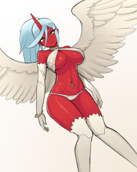 Rule 34 | 1girl, angel wings, blue hair, breasts, cameltoe, cleavage, cleft of venus, closed mouth, colored skin, cross, crucifix, demon girl, donburi (donburikazoku), elbow gloves, fang, gloves, green eyes, horns, kneesocks (psg), large breasts, light persona, looking at viewer, navel, navel piercing, panties, panty &amp; stocking with garterbelt, piercing, ponytail, red skin, simple background, single horn, smile, solo, thighhighs, underboob, underwear, white background, white gloves, white panties, white thighhighs, wings