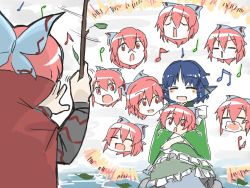 Rule 34 | 2girls, blue hair, blush, bow, cink-knic, closed eyes, conductor, disembodied head, drill hair, fins, hair bow, happy, head fins, japanese clothes, kimono, mermaid, monster girl, multiple girls, music, red eyes, red hair, sekibanki, short hair, simple background, singing, sitting, sketch, smile, stick, touhou, wakasagihime, yawning