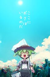 Rule 34 | 1girl, :3, ^ ^, absurdres, blue sky, blush, box, brooch, bug hunting, butterfly net, carrying over shoulder, closed eyes, cloud, collared shirt, container, facing viewer, flower, frilled sleeves, frills, fukumaaya, green hair, hair between eyes, hand net, hat, highres, holding, holding box, holding butterfly net, jewelry, open mouth, pea pod, shirt, shirt tucked in, short hair, short sleeves, sky, smile, solo, straw hat, summer, sun, suspenders, upper body, voicevox, white shirt, zundamon