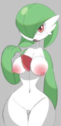 Rule 34 | 1girl, bob cut, breasts, cleft of venus, colored skin, completely nude, cowboy shot, creatures (company), female focus, game freak, gardevoir, gen 3 pokemon, gluteal fold, green hair, green skin, grey background, groin, hair over one eye, hand up, jaggy lines, large breasts, looking at viewer, multicolored skin, navel, nintendo, nipples, nude, open mouth, pokemon, pokemon (creature), pussy, red eyes, short hair, simple background, sketch, solo, standing, stomach, sweat, thick thighs, thighs, two-tone skin, uncensored, vilepluff, white skin, wide hips