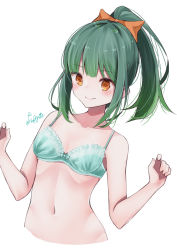 Rule 34 | 1girl, absurdres, bra, breasts, cropped torso, green bra, green hair, haggy, highres, kantai collection, long hair, navel, one-hour drawing challenge, orange eyes, ponytail, simple background, small breasts, solo, underwear, underwear only, upper body, white background, yuubari (kancolle)