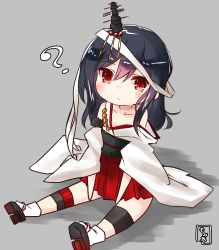 Rule 34 | 10s, 1girl, ?, absurdres, aged down, black hair, commentary request, detached sleeves, hair ornament, headband, headgear, highres, japanese clothes, kantai collection, momimaki, nontraditional miko, red eyes, short hair, simple background, sitting, solo, wide sleeves, yamashiro (kancolle), yamashiro kai ni (kancolle)