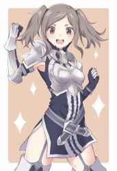 Rule 34 | 1girl, armor, breastplate, brown eyes, brown hair, cynthia (fire emblem), elbow gloves, fingerless gloves, fire emblem, fire emblem awakening, gloves, hako momiji, highres, looking at viewer, nintendo, pauldrons, shoulder armor, smile, solo, twintails