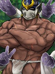 Rule 34 | 1boy, abs, bara, bulge, crossed arms, dark-skinned male, dark skin, disembodied hand, ear piercing, extra arms, fundoshi, helmet, highres, japanese clothes, looking at viewer, male focus, male swimwear, muscular, muscular male, navel, pectoral lift, pectorals, piercing, pon20021202, revision, see-through, shiva (housamo), solo, thick thighs, thighs, tokyo houkago summoners, topless male, veins, wet clothes, wet fundoshi, white male swimwear