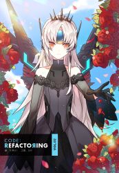 Rule 34 | 1girl, black dress, black gloves, code: ultimate (elsword), cowboy shot, day, detached sleeves, dress, elsword, eve (elsword), expressionless, facial mark, flower, forehead jewel, gloves, grey hair, long hair, looking at viewer, mecha musume, official art, petals, reaching, reaching towards viewer, rose, rose petals, see-through, solo, standing, yellow eyes