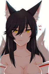 Rule 34 | 1girl, absurdres, ahri (league of legends), animal ears, bad id, bad pixiv id, bare shoulders, black hair, breasts, cleavage, collarbone, detached sleeves, facial mark, fox ears, fox girl, fox tail, highres, korean clothes, large breasts, league of legends, long hair, looking at viewer, multiple tails, simple background, slit pupils, solo, tail, whisker markings, white background, yellow eyes
