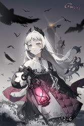 Rule 34 | 1girl, absurdres, arknights, arm at side, belt, bird, black dress, black gloves, capelet, chinese commentary, closed mouth, cloud, cloudy sky, commentary, cross scar, crow, dated, dress, earrings, facial scar, flock, flying, gloves, grey eyes, hair lift, harness, highres, holding lamp, irene (arknights), jewelry, lantern, lighthouse, long hair, long sleeves, maorongxingqiu, puffy long sleeves, puffy sleeves, red pupils, scabbard, scar, scar across eye, scar on cheek, scar on face, serious, sheath, signature, sky, solo, sword, walking, weapon, white hair, wind, wind lift