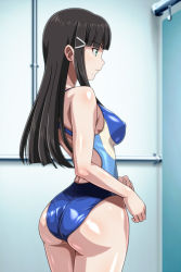 Rule 34 | 1girl, anime coloring, ass, bare arms, bare shoulders, blue one-piece swimsuit, blunt bangs, blush, breasts, brown hair, closed mouth, commentary request, competition swimsuit, covered erect nipples, cowboy shot, expressionless, from behind, green eyes, hair ornament, hairclip, indoors, kurosawa dia, legs together, long hair, love live!, love live! sunshine!!, medium breasts, mole, mole under mouth, monteriakitto, one-piece swimsuit, profile, shiny clothes, shiny skin, sidelocks, skin tight, solo, standing, swimsuit