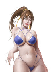 Rule 34 | absurdres, bangku an, bikini, blue bikini, breasts, brown eyes, brown hair, cleavage, dead or alive, hair ribbon, highleg, highleg swimsuit, highres, kasumi (doa), large breasts, long hair, looking to the side, micro bikini, navel, ponytail, ribbon, simple background, swimsuit, thick thighs, thighs, white background