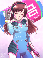 Rule 34 | 1girl, animal print, armor, blue bodysuit, bodysuit, boots, bracer, breasts, breasts apart, brown hair, closed mouth, cowboy shot, d.va (overwatch), eyelashes, facepaint, facial mark, gloves, gun, hand up, headphones, holding, holding gun, holding weapon, kyoute, legs apart, lips, long hair, long sleeves, meme, nose, overwatch, overwatch 1, pauldrons, pilot suit, pink lips, rabbit print, ribbed bodysuit, salt, salt bae (meme), salt shaker, shoulder armor, shoulder pads, signature, skin tight, small breasts, smile, solo, standing, thigh boots, thighhighs, turtleneck, weapon, whisker markings, white footwear, white gloves