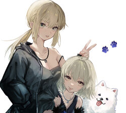 2girls absurdres aged_down artoria_pendragon_(fate) black_jacket blonde_hair breasts cavall_ii_(fate) cleavage commentary_request dog fate/grand_order fate_(series) fur-trimmed_jacket fur_trim highres jacket jeanne_d&#039;arc_alter_(avenger)_(fate) jeanne_d&#039;arc_alter_(fate) jeanne_d&#039;arc_alter_(ver._shinjuku_1999)_(fate) jewelry medium_breasts multiple_girls necklace nigiri ponytail saber_alter saber_alter_(ver._shinjuku_1999) strap_slip tongue v yellow_eyes