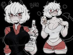 Rule 34 | 1girl, alcohol, blush, bxbyglossie, helltaker, highres, malina (helltaker), multiple views, red eyes, red shorts, shorts, tail, vodka, white hair