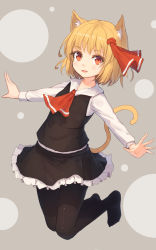 Rule 34 | 1girl, animal ear fluff, animal ears, ascot, black pantyhose, black skirt, blush, cat ears, cat tail, fangs, hair ribbon, highres, kemonomimi mode, light brown hair, long sleeves, looking at viewer, no shoes, open mouth, outstretched arms, pantyhose, red eyes, ribbon, rumia, shone, short hair, simple background, skirt, skirt set, smile, solo, spread arms, tail, touhou, vest
