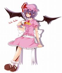 Rule 34 | 1girl, bad id, bad pixiv id, blue hair, cup, fang, female focus, flower, full body, hat, katakura nayuuki, red eyes, remilia scarlet, ribbon, rose, shoes, sitting, socks, solo, teacup, touhou, white background, wings