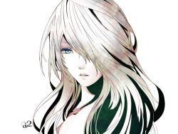 Rule 34 | 1girl, a2 (nier:automata), android, blue eyes, character name, collarbone, expressionless, eyelashes, hair over eyes, lips, long hair, nier:automata, nier (series), pale skin, parted lips, portrait, ruka (blueplus84), simple background, solo, white background, white hair
