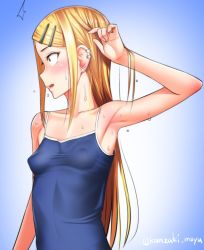 Rule 34 | 10s, 1girl, arm up, armpits, bad id, bad twitter id, bare shoulders, blonde hair, blush, breasts, brown eyes, camisole, commentary request, competition school swimsuit, covered erect nipples, covered navel, dagashi kashi, ear piercing, earrings, endou saya, fang, hair ornament, hairclip, jewelry, kanzaki muyu, long hair, one-piece swimsuit, open mouth, piercing, sanpaku, school swimsuit, see-through, skin tight, small breasts, smile, solo, swimsuit, twitter username, wet