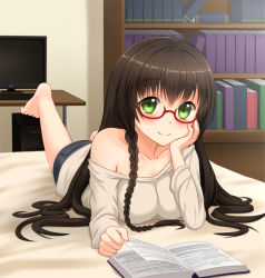 Rule 34 | 1girl, bare shoulders, barefoot, bed, blush, book, bookshelf, braid, breasts, brown hair, cleavage, collarbone, computer, desk, feet, glasses, green eyes, hand on own cheek, hand on own face, highres, indoors, kurisu-kun, leg up, long hair, long sleeves, looking at viewer, lying, on stomach, original, semi-rimless eyewear, shorts, smile, solo, the pose, very long hair