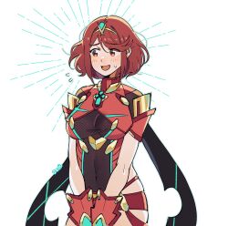 Rule 34 | 1girl, :d, black leotard, blush, breasts, commentary, covered navel, english commentary, eyes visible through hair, flying sweatdrops, headpiece, highres, johan (deathamaranth), large breasts, leotard, open mouth, pyra (xenoblade), red eyes, red hair, short sleeves, simple background, smile, solo, sweat, swept bangs, v arms, white background, xenoblade chronicles (series), xenoblade chronicles 2