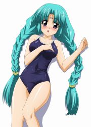 Rule 34 | 1990s (style), 1girl, absurdres, blush, canal vorfeed, competition school swimsuit, green hair, highres, long hair, lost universe, lying, one-piece swimsuit, retro artstyle, school swimsuit, simple background, solo, sugimura tomokazu, swimsuit, white background