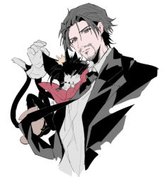 Rule 34 | 1boy, animal, black hair, black jacket, black necktie, brown eyes, cait sith (ff7), cape, cat, closed eyes, collared shirt, crown, facial hair, fangs, fangs out, final fantasy, final fantasy vii, final fantasy vii remake, gloves, goatee, highres, jacket, looking at viewer, male focus, mini crown, necktie, pokashi, red cape, reeve tuesti, shirt, short hair, suit jacket, upper body, white background, white gloves, white shirt