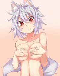Rule 34 | 1girl, animal ears, ashu, blush, breasts, covering privates, covering breasts, fang, inubashiri momiji, large breasts, looking at viewer, no headwear, no headwear, nude, red eyes, short hair, silver hair, solo, tail, touhou, wavy mouth, wolf ears, wolf tail