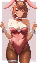 Rule 34 | 1girl, animal ear hairband, animal ears, armpit crease, border, bow, bowtie, breasts, brown eyes, brown hair, collar, collarbone, commentary, covered navel, detached collar, facial mark, fake animal ears, gluteal fold, hairband, heart, heart facial mark, highleg, highleg leotard, large breasts, leonmandala, leotard, medium hair, outside border, pantyhose, parted lips, persona, persona 3, pink hairband, pink leotard, playboy bunny, purple background, rabbit ears, red bow, red bowtie, simple background, skindentation, smile, solo, standing, strapless, strapless leotard, takeba yukari, teeth, thigh strap, white border, white collar