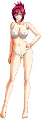Rule 34 | 1girl, barefoot, bishop (company), bra, breasts, cleavage, contrapposto, full body, glasses, green eyes, hair up, hand on own hip, highres, kagami hirotaka, kyouiku shidou, large breasts, looking at viewer, midou eriko, mole, mole under eye, panties, red hair, solo, transparent background, underwear