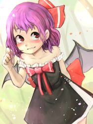 Rule 34 | 1girl, alternate costume, arm behind back, bat wings, black dress, blush, bow, collarbone, dress, dutch angle, full-face blush, grin, hair ribbon, highres, looking to the side, permanentlow, petals, purple hair, red eyes, remilia scarlet, ribbon, short hair, sleeveless, smile, solo, touhou, wings