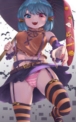Rule 34 | 1girl, :d, bare shoulders, bat (animal), belt, black footwear, blue eyes, blue hair, blush, breasts, cameltoe, candy, crop top, denpajin-ryuushi, detached sleeves, eyebrows hidden by hair, fangs, fingernails, food, food-themed hair ornament, foot out of frame, from below, garter straps, gluteal fold, gold trim, gradient background, hair ornament, halloween, heterochromia, highres, holding, holding umbrella, jack-o&#039;-lantern, jack-o&#039;-lantern ornament, karakasa obake, long fingernails, looking down, makeup, medium breasts, midriff, nail polish, navel, neck ribbon, oil-paper umbrella, open mouth, orange shirt, outstretched arm, panties, pixelated, pumpkin hair ornament, purple ribbon, purple skirt, reaching, reaching towards viewer, red eyes, red nails, ribbon, sharp fingernails, shirt, short hair, simple background, skirt, sleeveless, sleeveless shirt, smile, solo, striped clothes, striped panties, striped thighhighs, tatara kogasa, thighhighs, tongue, touhou, two-tone legwear, umbrella, underwear, upskirt, white background