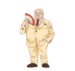 Rule 34 | 1boy, bald, bones (company), buttons, closed eyes, facial hair, fat, fat man, formal, glasses, godzilla (series), godzilla singular point, hands in pockets, mustache, necktie, official art, orange (company), pants, shoes, smile, suit, teeth, toho, white background, yamamoto tsunetomo, yellow pants, yellow suit