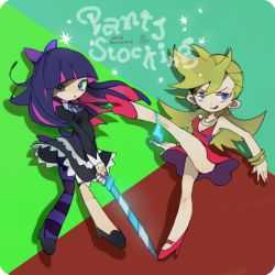 Rule 34 | 10s, 2girls, :q, back lace, bad id, bad pixiv id, blonde hair, blue eyes, blue hair, dress, jewelry, long hair, lots of jewelry, multiple girls, ototoi, panties, panty &amp; stocking with garterbelt, panty (psg), pantyhose, red dress, short dress, siblings, sisters, smile, stocking (psg), striped clothes, striped pantyhose, stripes i &amp; ii, sword, thighhighs, tongue, tongue out, underwear, weapon