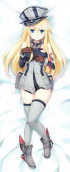 Rule 34 | 10s, 1girl, bismarck (kancolle), blonde hair, blue eyes, breasts, dakimakura (medium), hat, highres, kantai collection, large breasts, long hair, military hat, panties, pantyshot, personification, solo, sorano (12gou), thighhighs, torn clothes, underwear