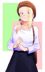 Rule 34 | 1girl, absurdres, bag, beret, black skirt, blonde hair, blue eyes, brown hat, carrying, casual, clara (girls und panzer), closed mouth, commentary, earrings, girls und panzer, green background, handbag, hat, highres, jewelry, long hair, long sleeves, looking at viewer, medium skirt, oze (xyz go go11), pink background, print shirt, purple shirt, russian flag, shirt, skirt, smile, solo, standing, two-tone background