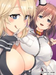 Rule 34 | 10s, 2girls, anchor, blonde hair, blue eyes, breast pocket, breasts, brown hair, cleavage, dress, elbow gloves, fingerless gloves, front-tie top, gloves, hair between eyes, iowa (kancolle), kantai collection, large breasts, long hair, looking at viewer, multiple girls, neckerchief, pocket, ponytail, red neckerchief, saratoga (kancolle), side ponytail, star-shaped pupils, star (symbol), symbol-shaped pupils, twitter username, upper body, white dress, youmou usagi