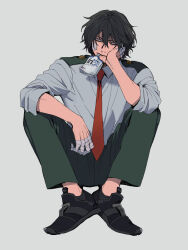Rule 34 | 1boy, ankle socks, bags under eyes, bandage on face, bandaged hand, bandages, black footwear, black hair, black socks, boku no hero academia, collared shirt, drink pouch, eraser head (boku no hero academia), green pants, grey background, hair between eyes, highres, looking to the side, male focus, mouth hold, necktie, pants, red necktie, rnuyvm, shirt, short hair, short sleeves, sitting, socks, solo